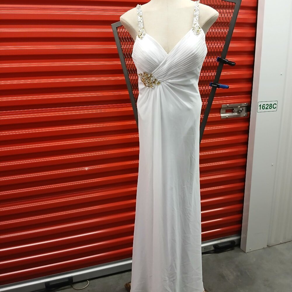 Soft White Backless Gown w Rhinestone Decorations